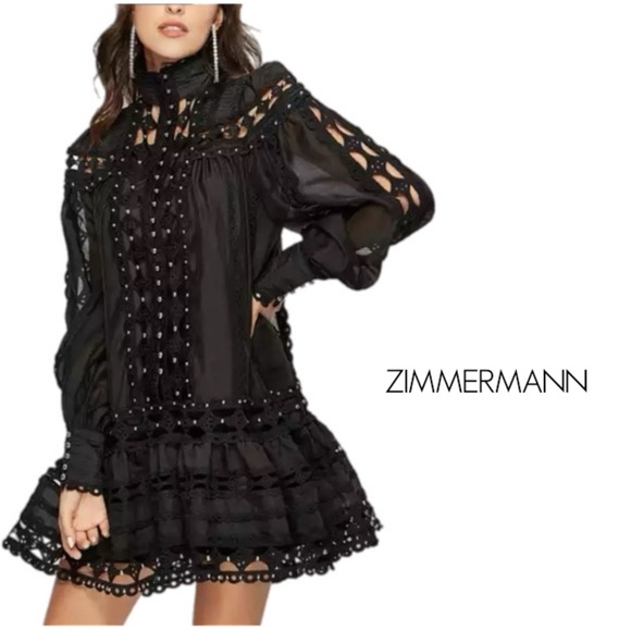 Zimmermann Black Studded Moncur Lace Cutout Dress - Picture 1 of 16